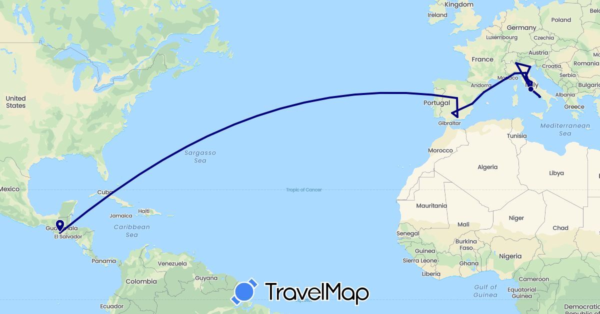 TravelMap itinerary: driving in Spain, France, Guatemala, Italy (Europe, North America)